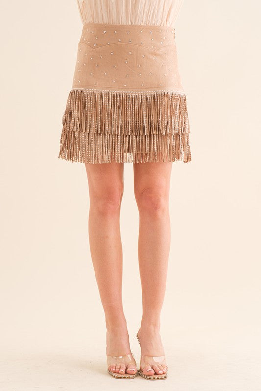 Khaki Suede Fringe Skirt