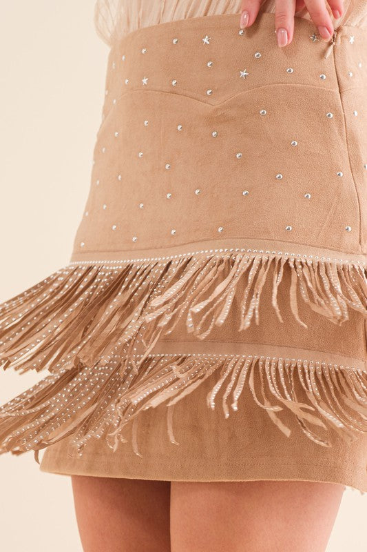 Khaki Suede Fringe Skirt