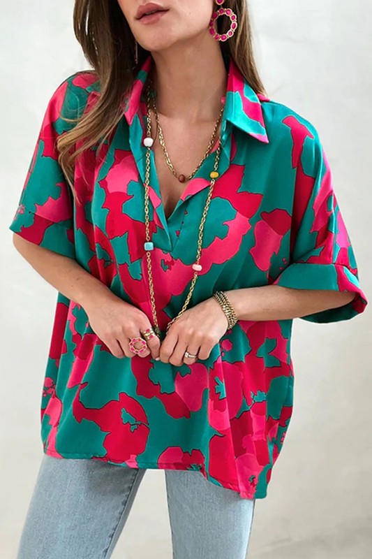 Green Abstract V Neck Blouse - sale