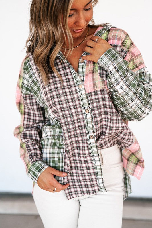 Pink/Green Plaid Button Down Top