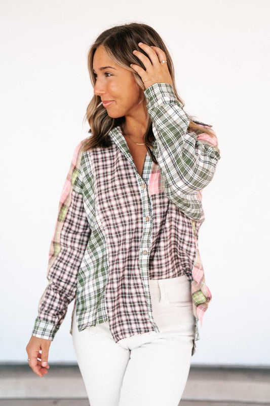 Pink/Green Plaid Button Down Top