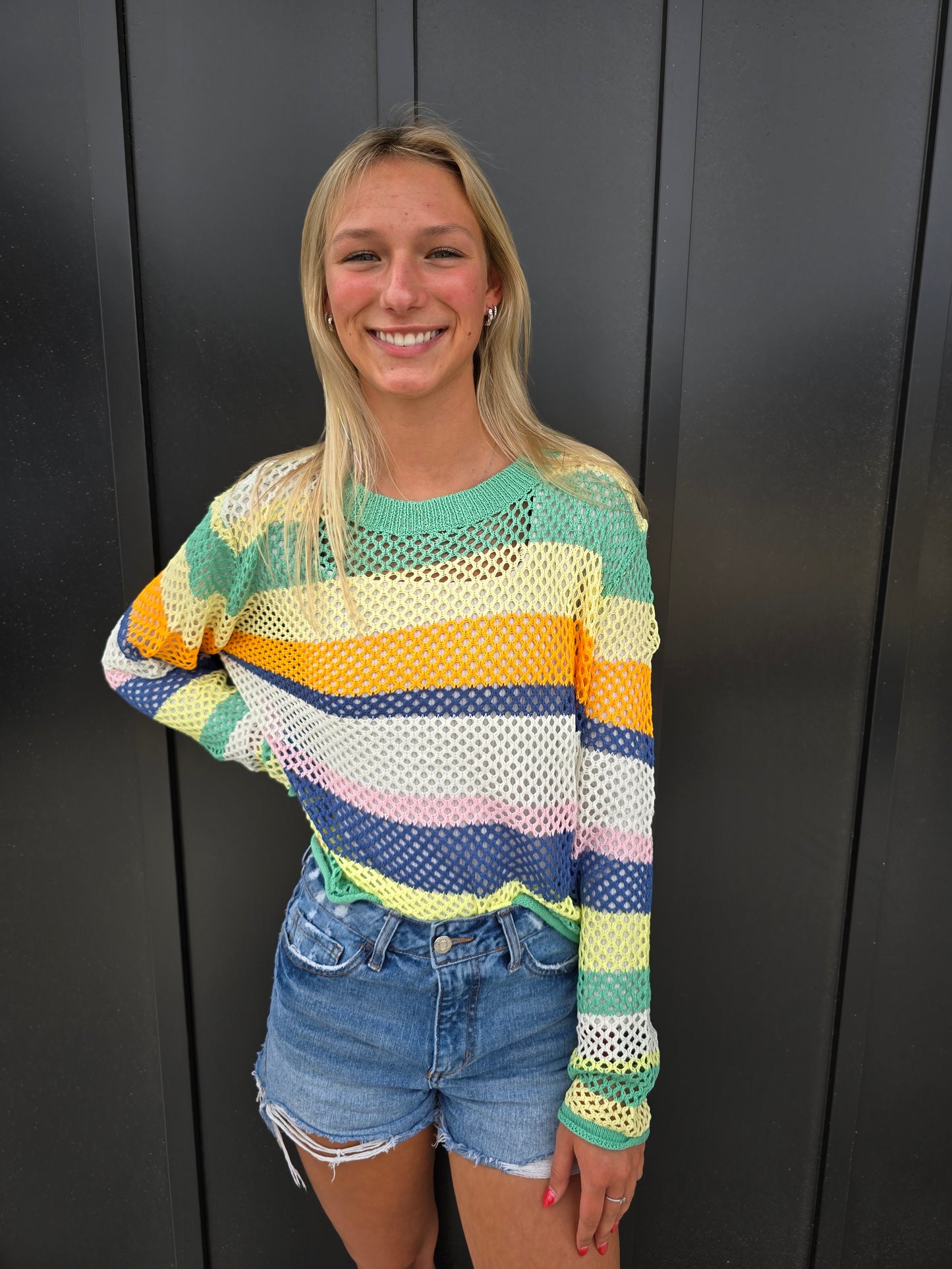 Green Stripe Crochet Sweater