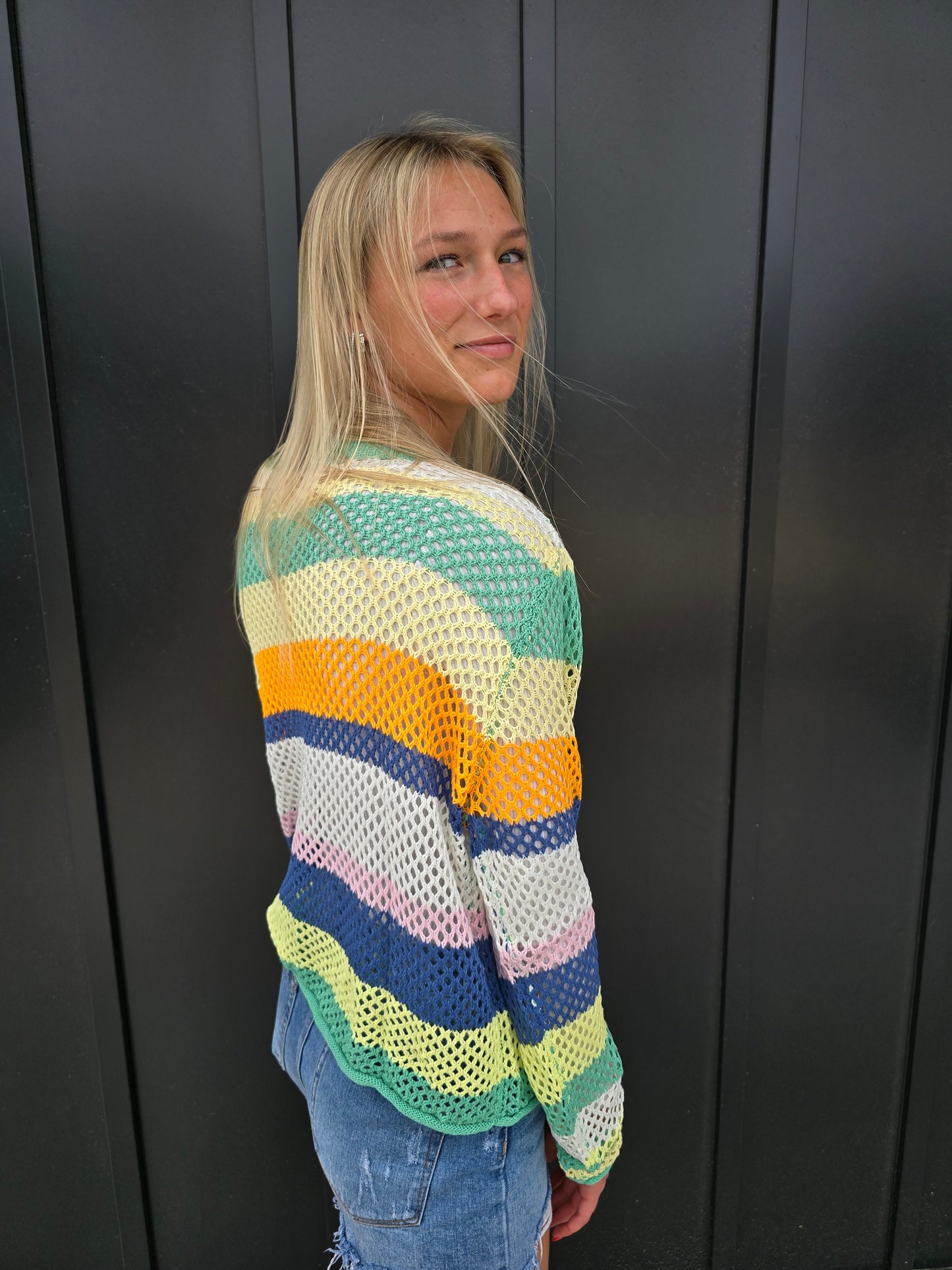 Green Stripe Crochet Sweater