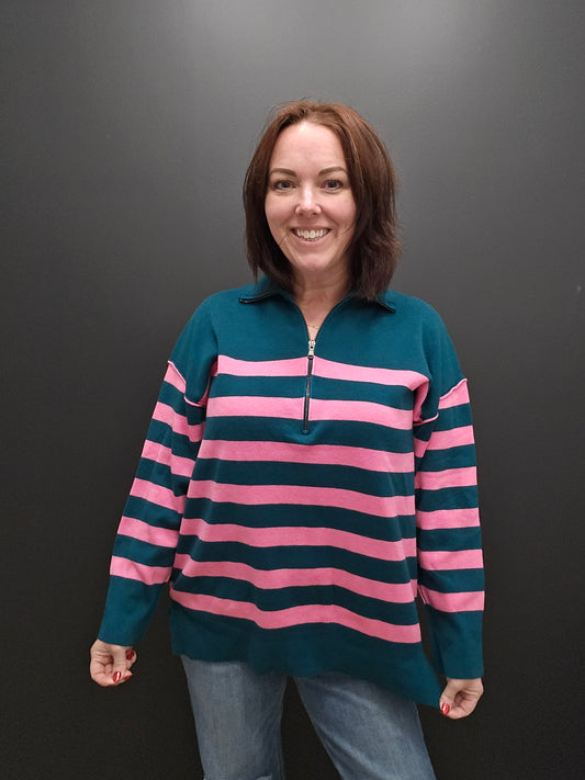 Green/Pink Stripe Half Zip Sweater