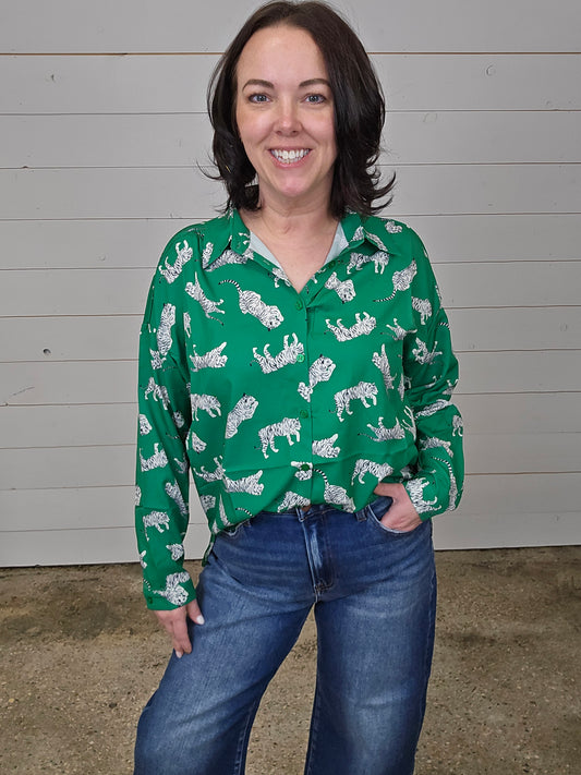 Green Animal Print Blouse