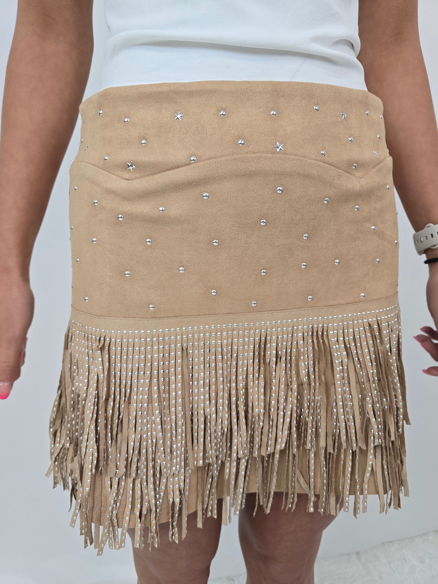 Khaki Suede Fringe Skirt