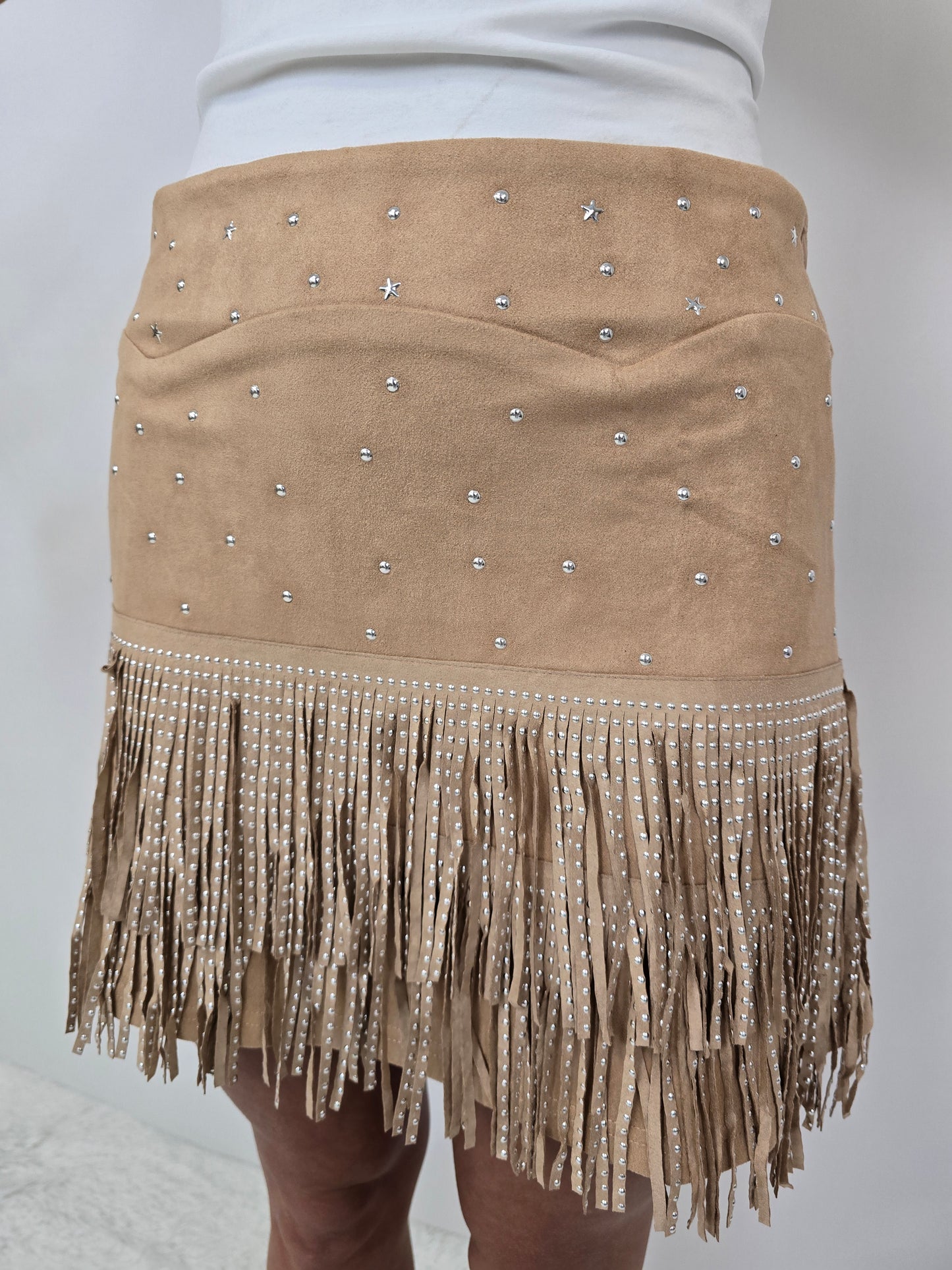 Khaki Suede Fringe Skirt