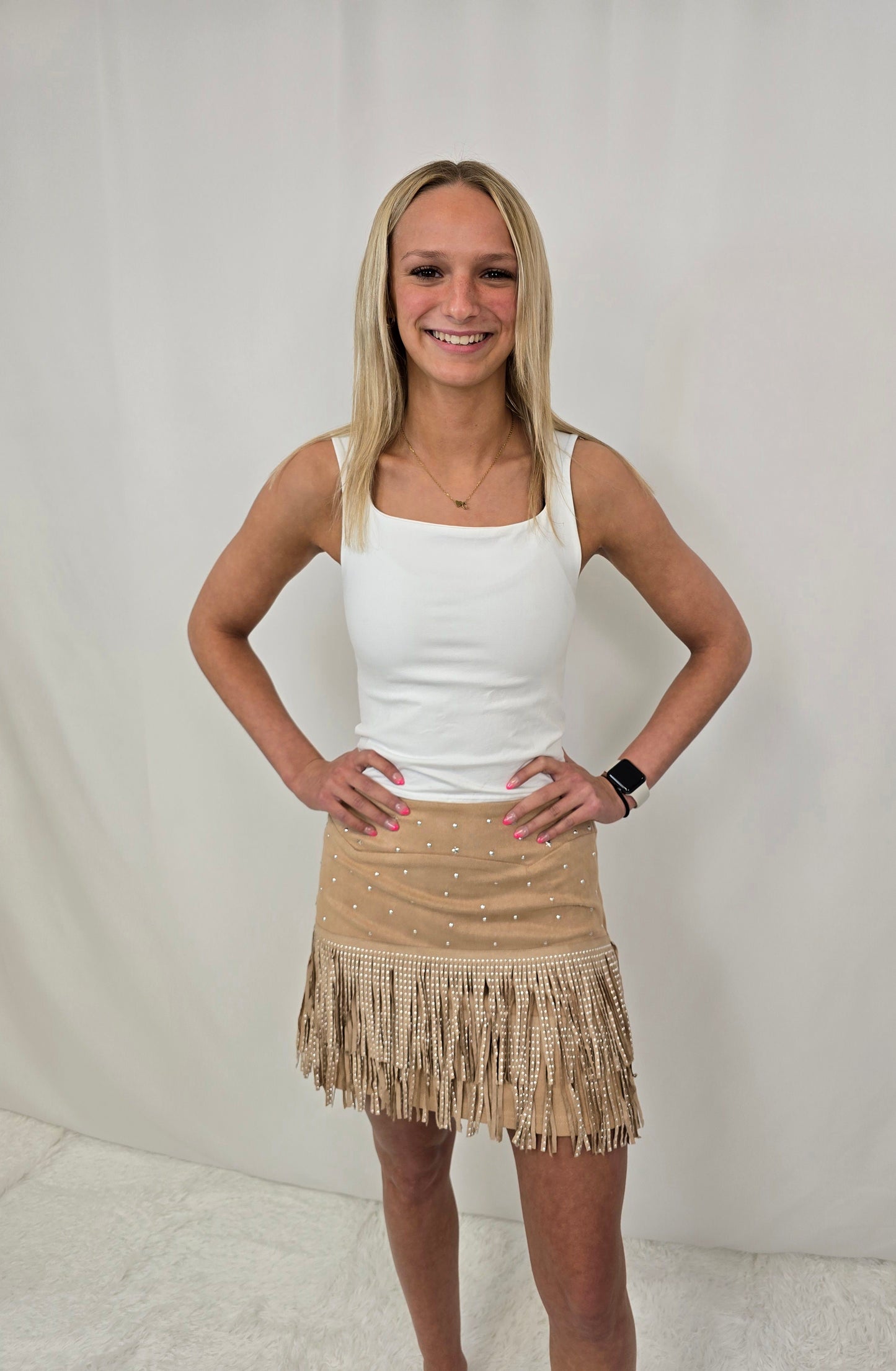 Khaki Suede Fringe Skirt