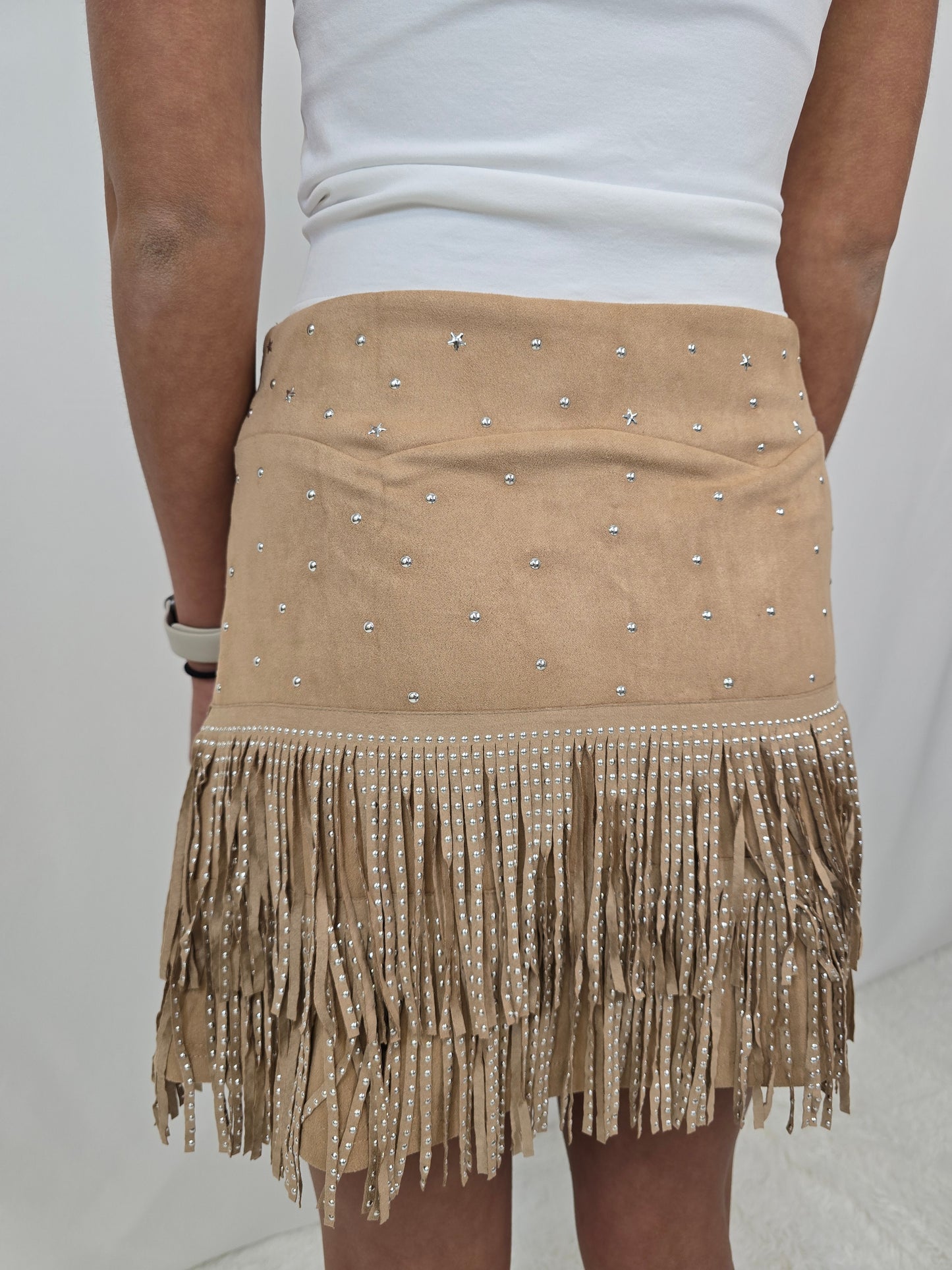 Khaki Suede Fringe Skirt