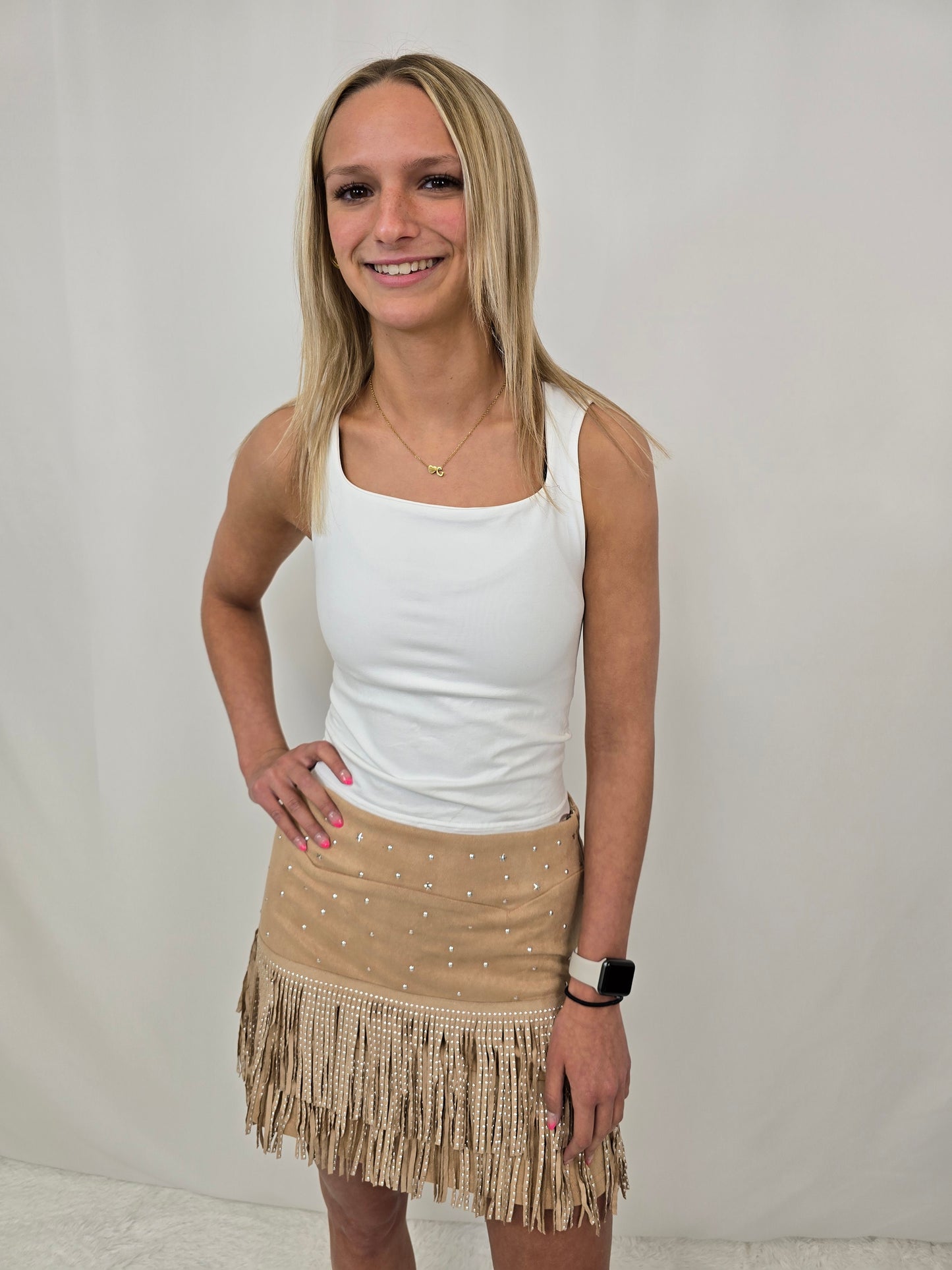 Khaki Suede Fringe Skirt