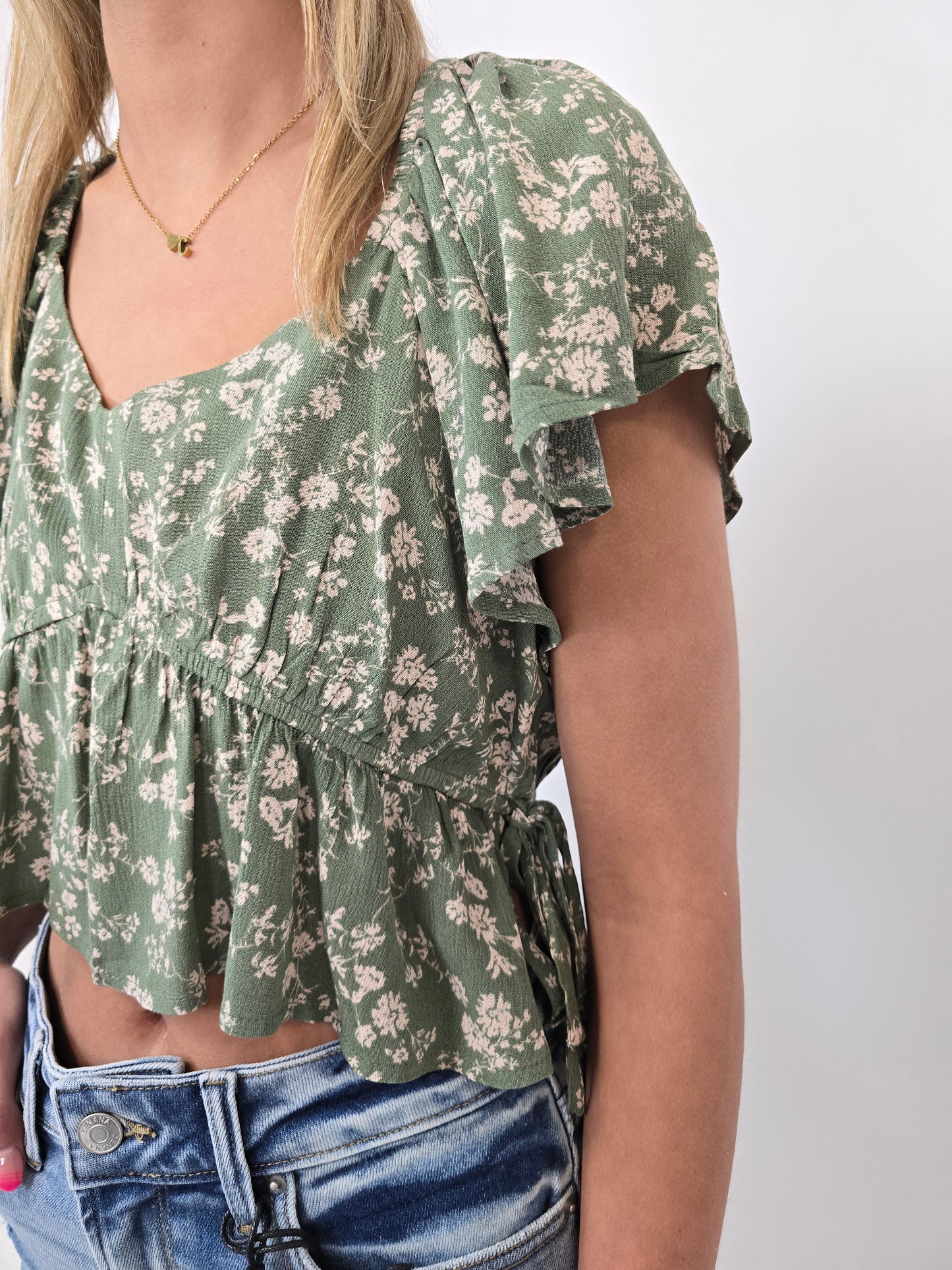 Green Ditsy Ruffle Blouse