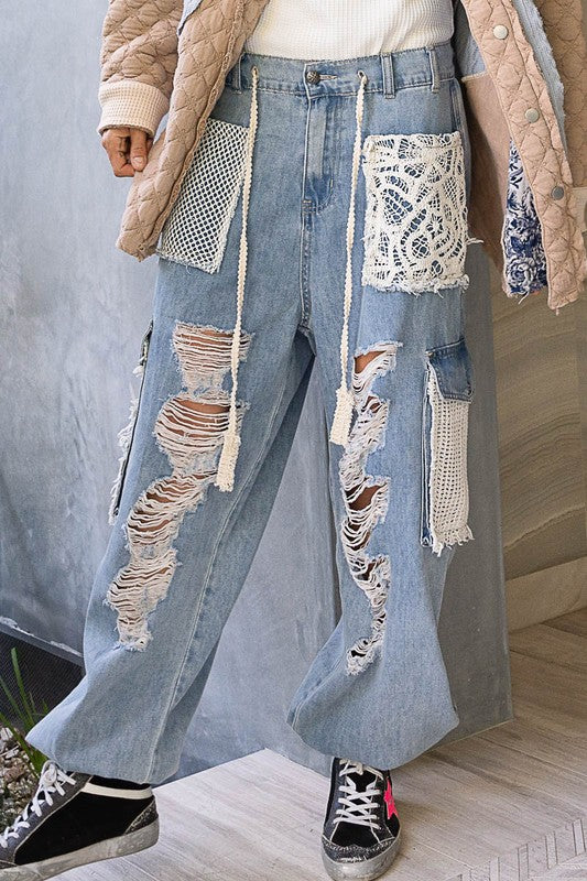 Denim Crochet Patch Jogger