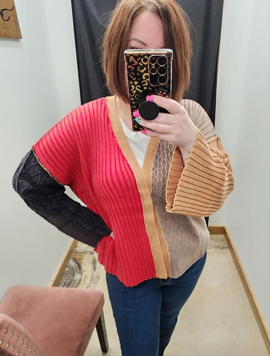 Red Colorblock Cardigan