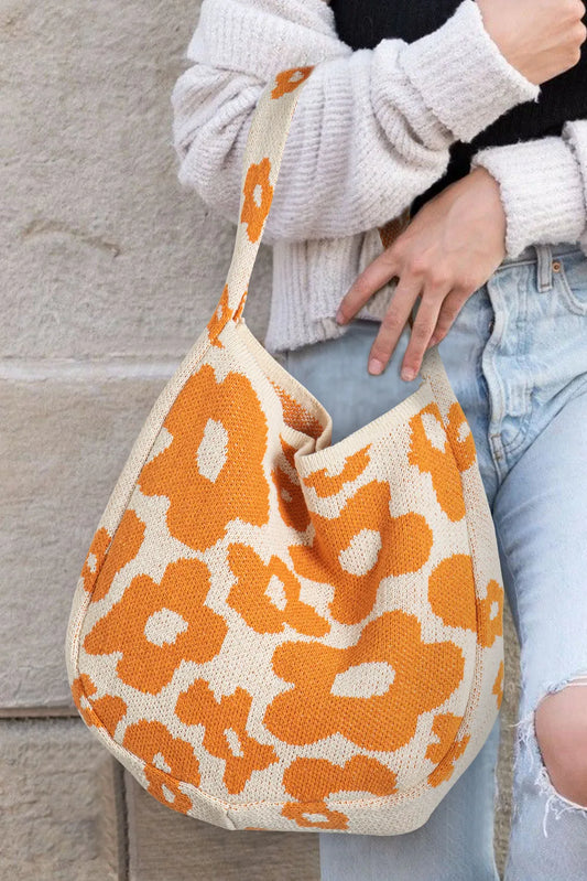 Orange Floral Knit Bag