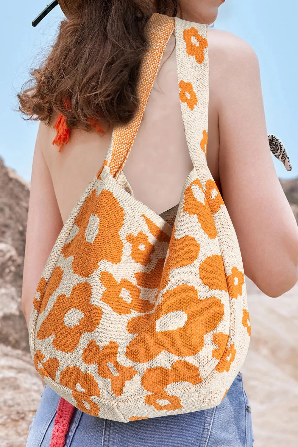 Orange Floral Knit Bag