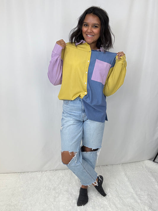 Colorblock Button Down Blouse