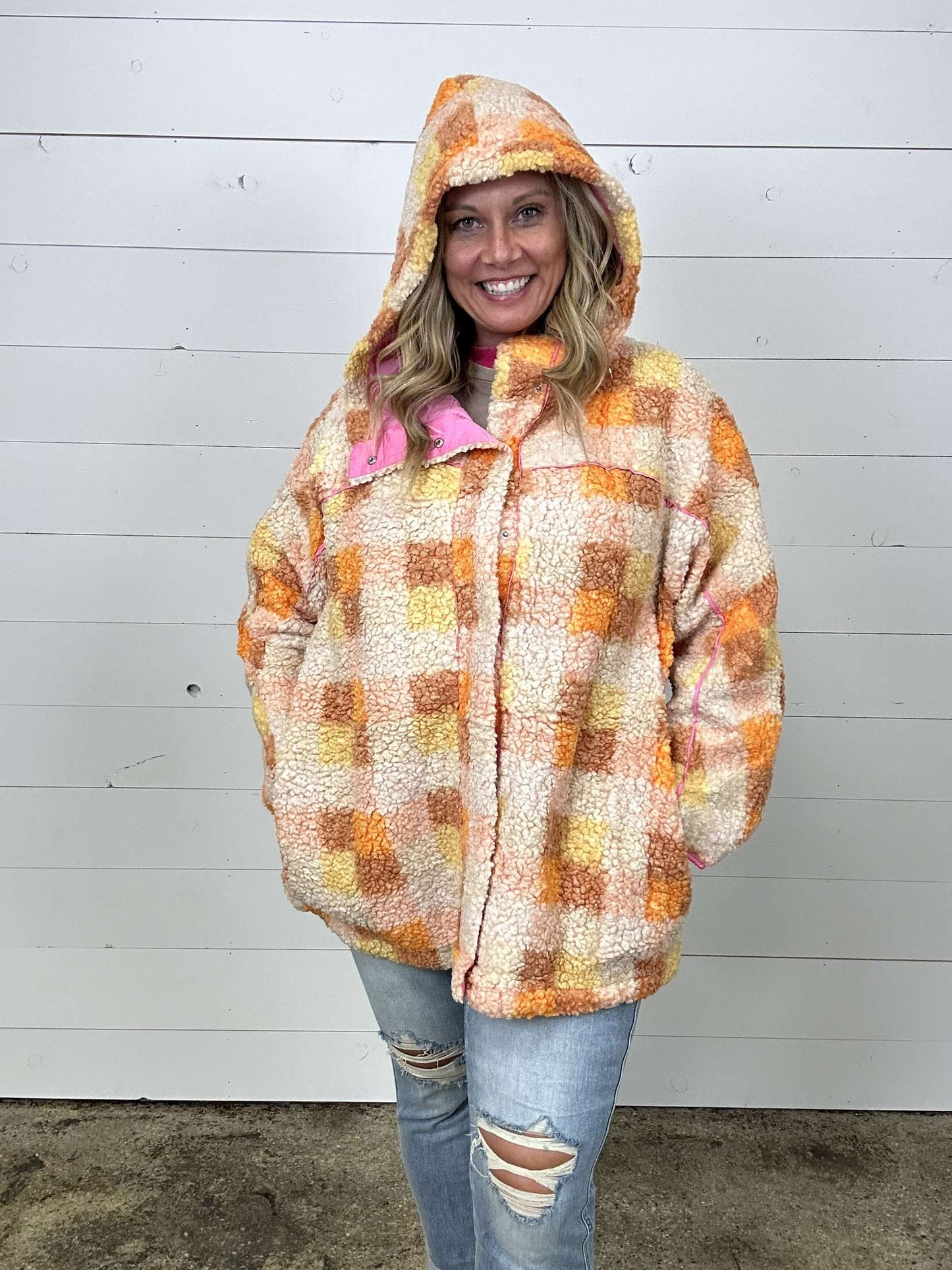 Orange Plaid Sherpa Jacket