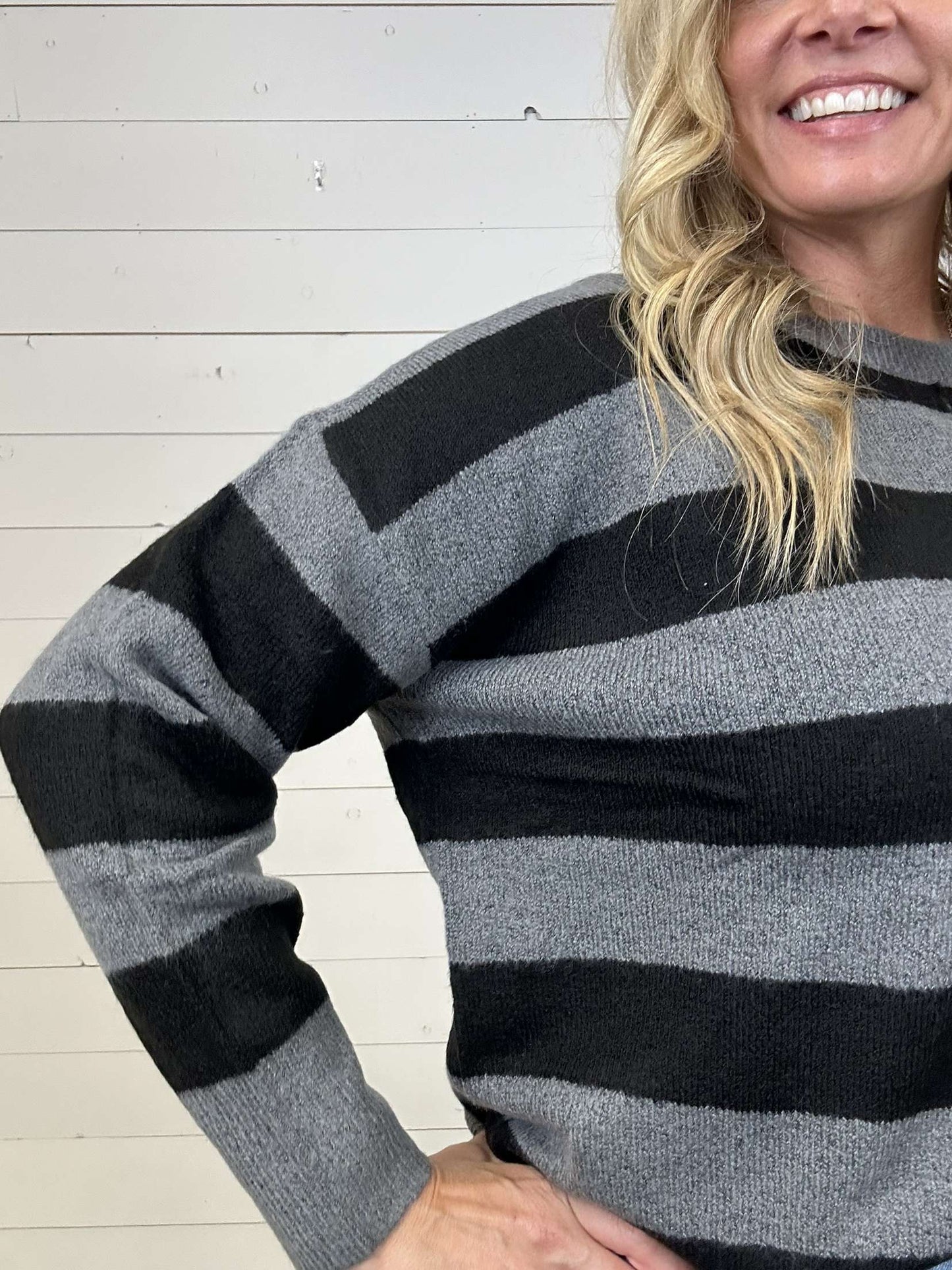 Grey/Blk Crew Stripe Sweater