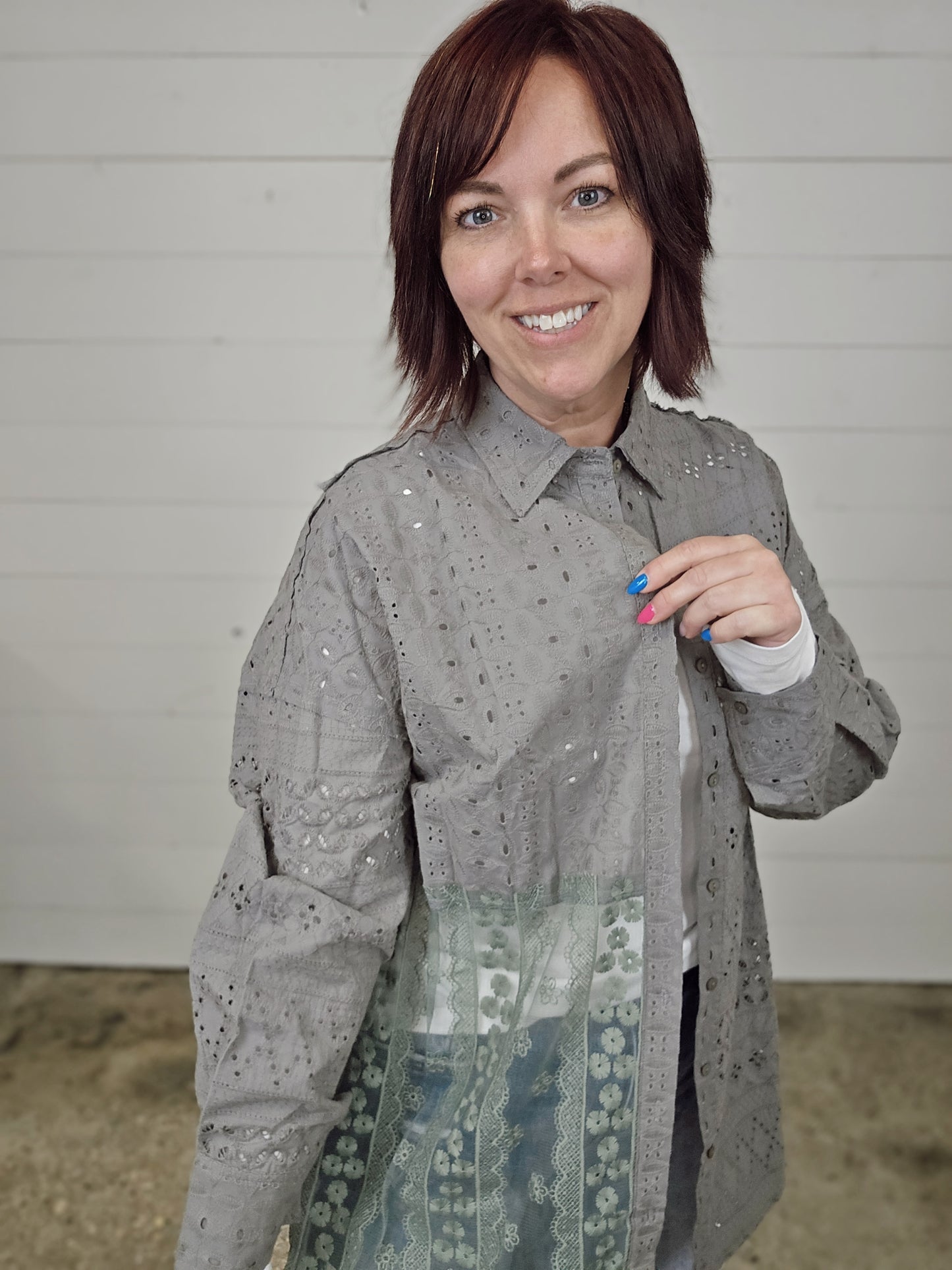 Eyelet Grey Long Sleeve Blouse