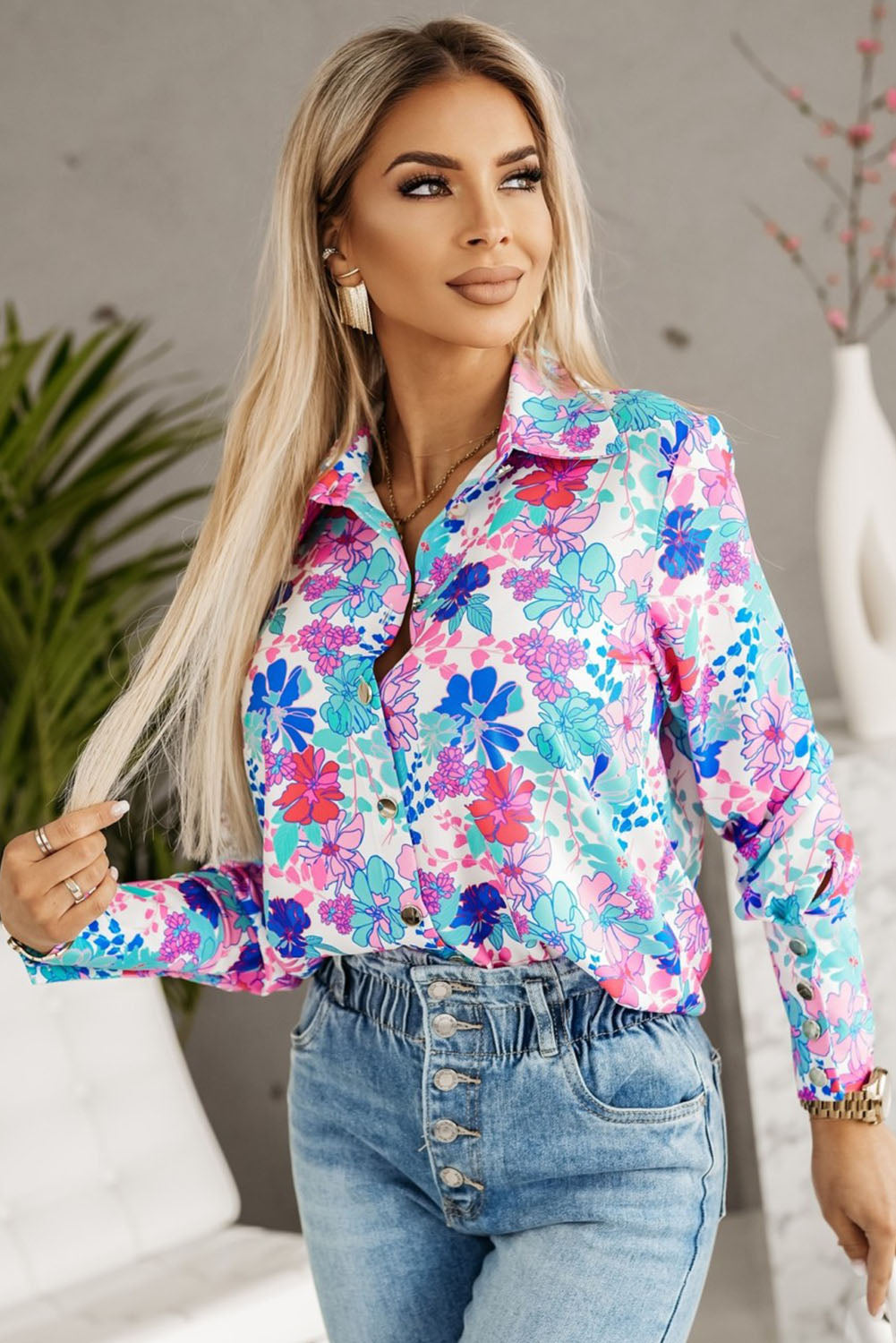 Bold Floral Button Up Blouse